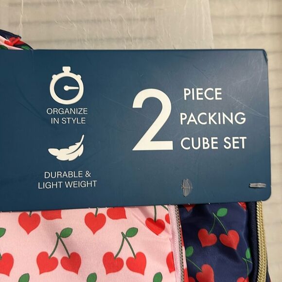 DL Cherry Print Blue Pink Green Red Gold Tone 2 Piece Travel Packing Cube Set - Picture 4 of 8